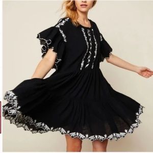 FREE PEOPLE Santiago Black White Embroidered Dress Boho Extra Small XS